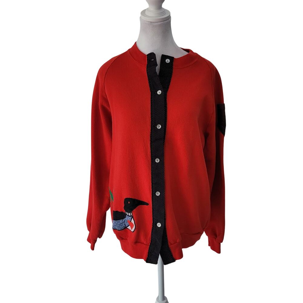 Jerzees‎ Size L Vintage Duck Red Button Up Sweatshirt Black White Polka Dot